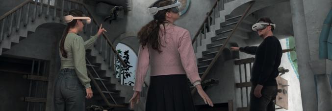 drawing of young people trying virtual reality glasses