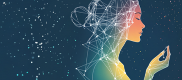 digital women profile against stairs sky