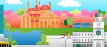 disegno di alcuni monumenti padovani nello sfondo la basilica del santo rosa arancio